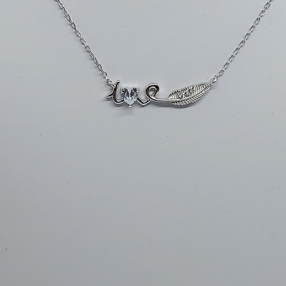 925 Sterling Silver Feather, Heart & Message Necklace,with CZ Simulated Diamonds - Picture 7 of 8